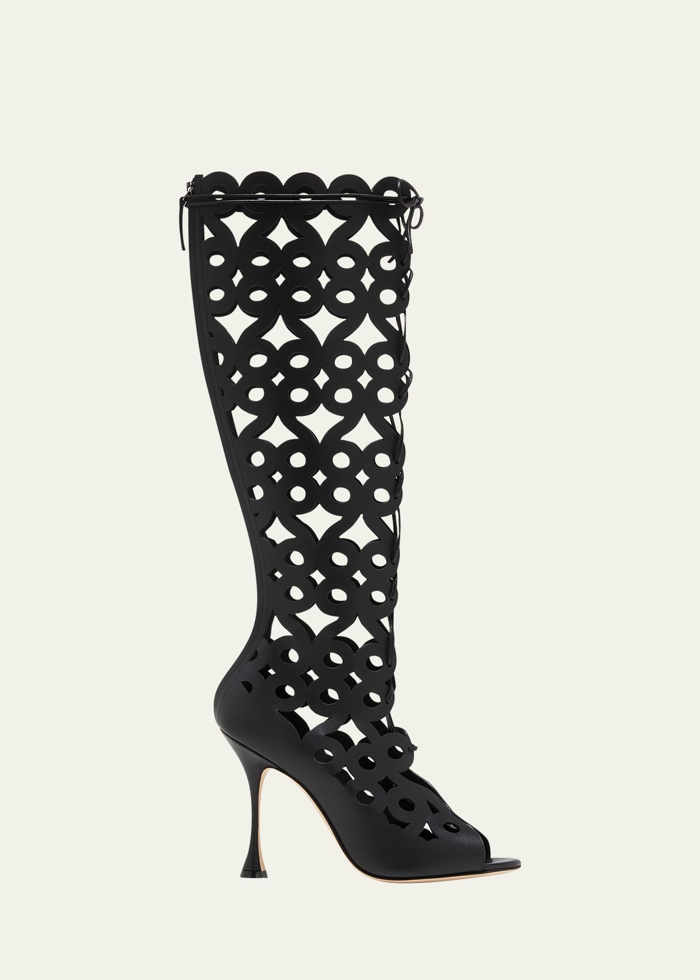 Manolo Blahnik Tarashi Perforated Lace-Up Knee Boots | Bergdorf Goodman