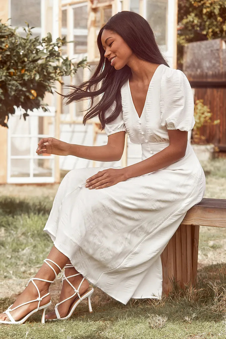 Wonderful Whims White Puff Sleeve Button Front Midi Dress | Lulus (US)
