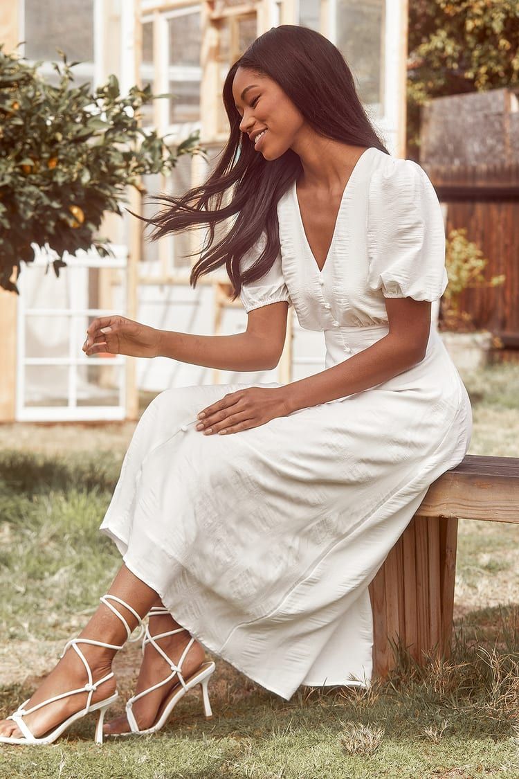 Wonderful Whims White Puff Sleeve Button Front Midi Dress | Lulus (US)