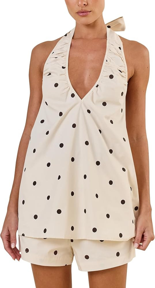 Polka Dot Short Sets for Women Deep V Neck Sleeveless Halter Top High Rise Shorts Matching 2 Piec... | Amazon (US)