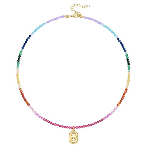 KissYan Beaded Initial Necklace, 14K Gold Plated Bubble Letter Pendant Rainbow Gemstone Choker Co... | Amazon (US)