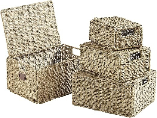 VonHaus Set of 4 Seagrass Storage Baskets with Lids and Insert Handles Ideal for Home and Bathroo... | Amazon (US)