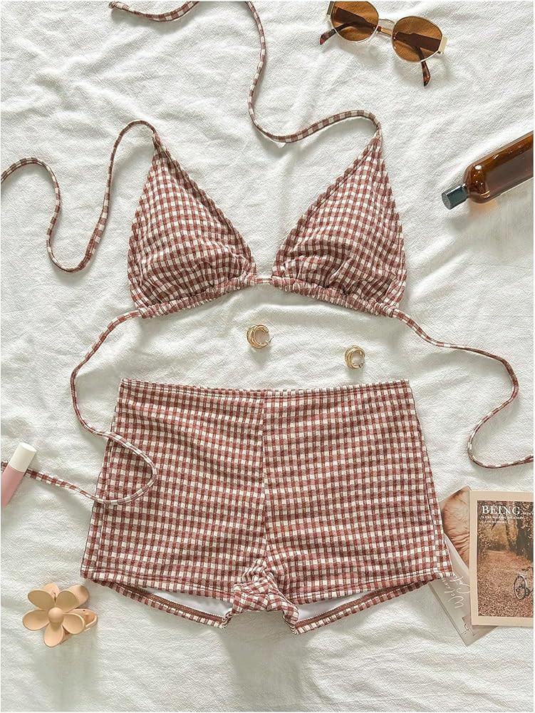 Amazon.com: SHENHE Women's Sexy Triangle Bikini Set Halter Swimsuits with Shorts 2 Piece Bathing Suits Gingham Brick Red Medium : Clothing, Shoes & Jewelry | Amazon (US)