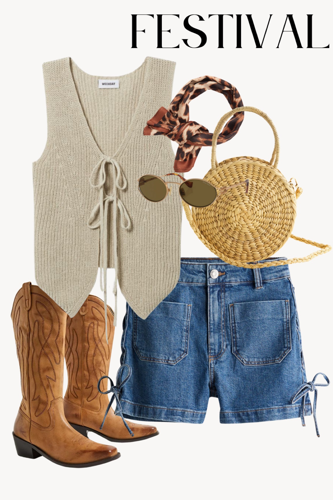 Knit tie vest/waistcoat, lace detail denim shorts, tan western boots/cowboy boots, straw bag, leopard satin neck scarf , Miu Miu sunglasses. Summer outfit, festival, Glastonbury, eras tour, concert outfit.

#LTKpartywear #LTKsummer #LTKstyletip