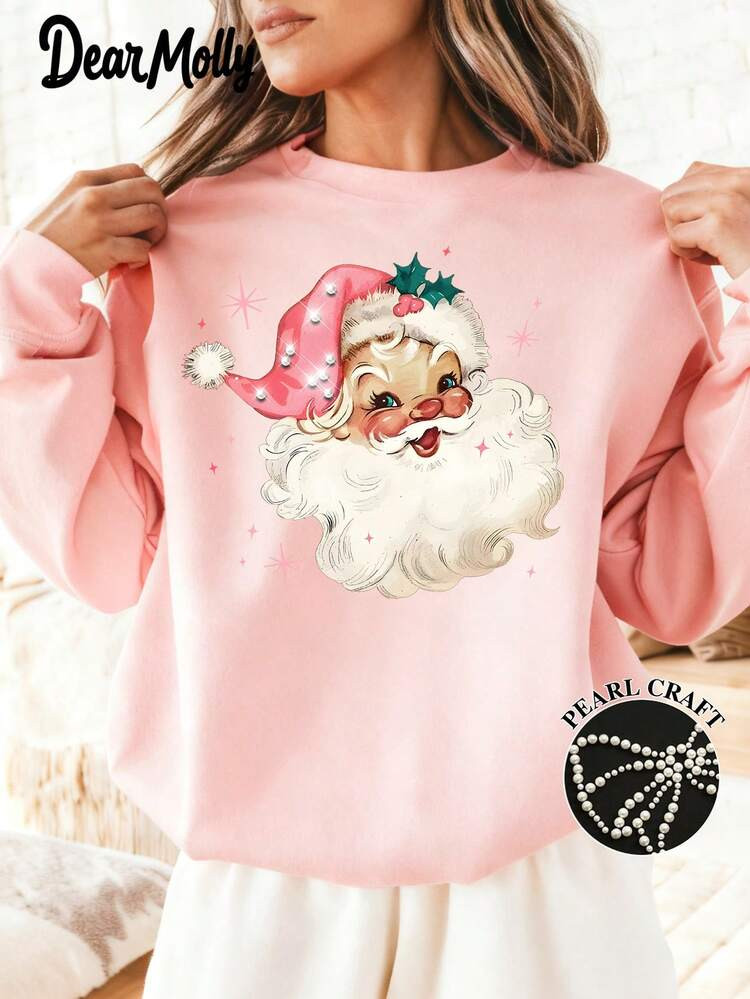 DEAR MOLLY Women's Pink Santa Claus Pearl Embellished Vintage Christmas Long Sleeve Sweatshirt, Women's Sportswear, Pink Christmas Family Sweatshirt, Retro Holiday Crew Neck Group New Year Christmas Party | SHEIN