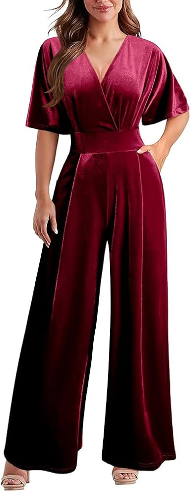 DAAWENXI Women's Casual Velvet V Neck Short Sleeve Jumpsuits Long Wide Pants One Piece Romper wit... | Amazon (US)