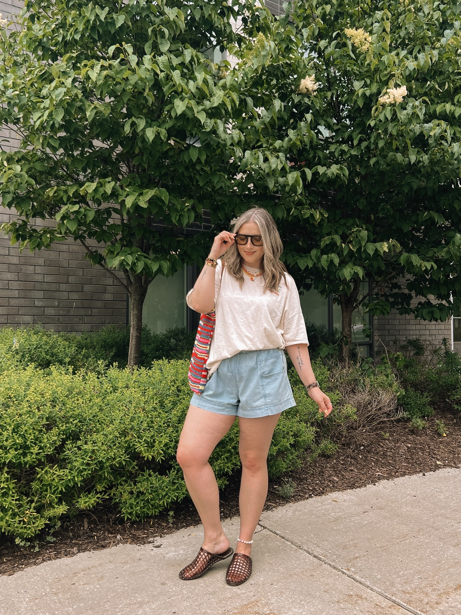 Comfy summer ootd! Wearing my usual size L in the graphic tee and shorts. I’m a 9.5-10 shoe and wear a 10 in the jelly shoes. Canadian shoes and bag links under “similar products”

#LTKsummer #LTKmidsize #LTKsale