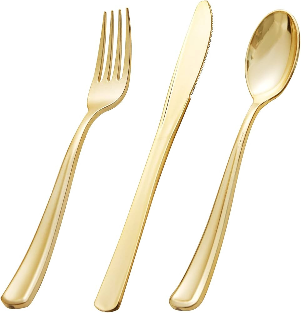 bUCLA 600 Pieces Gold Plastic Silverware - Disposable Gold Utensils - Heavyweight Plastic Cutlery... | Amazon (US)