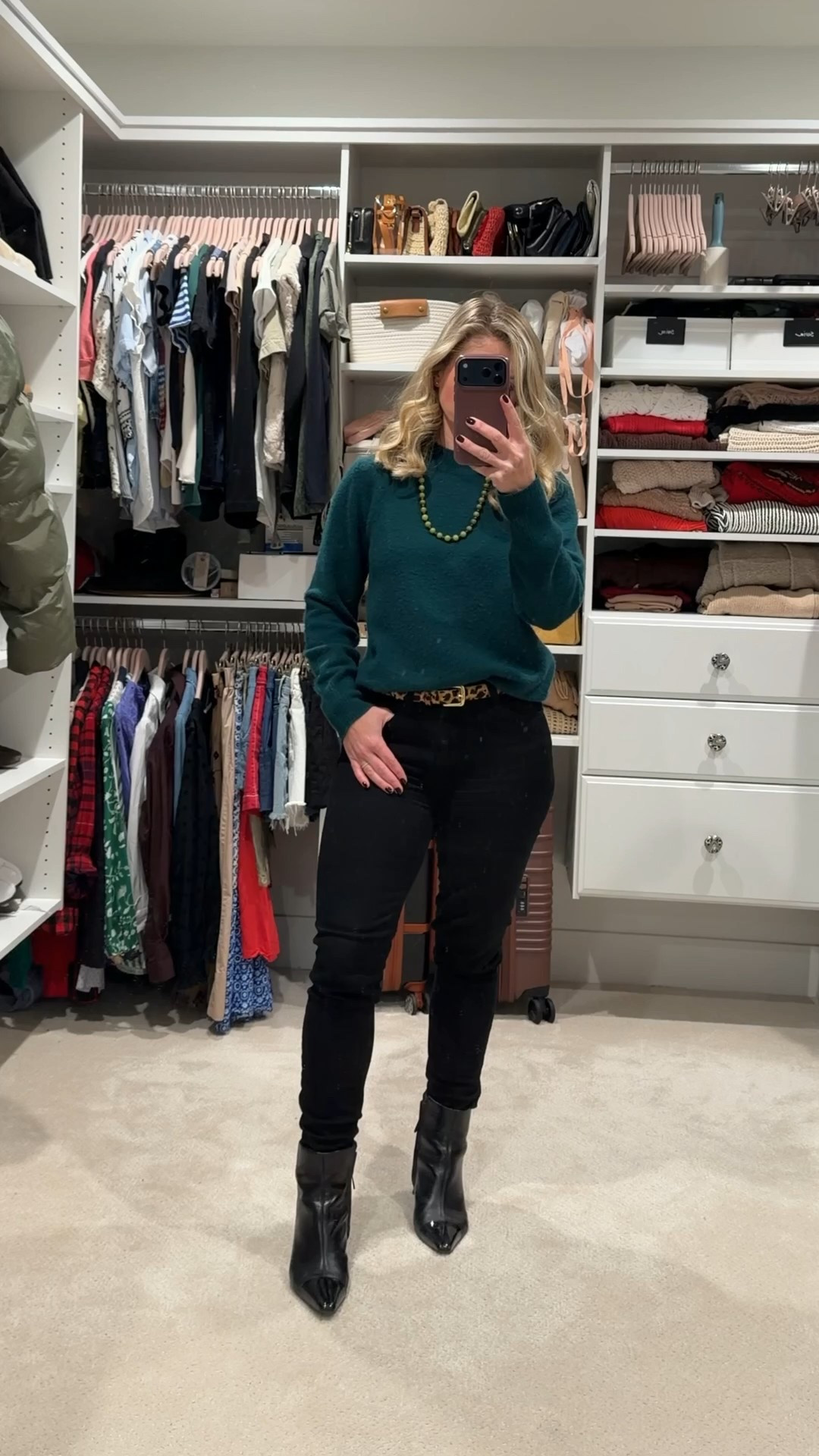 Winter outfit for a freezing site visit. A warm emerald sweater layered with black pants, pointed toe boots, and a leopard belt for a little personality. I’ll be adding my full length puffer on top to stay warm while heading to an outdoor kitchen install.

Comfortable, practical, and still pulled together for a cold day on site. ❄️✨

#LTKSeasonal #LTKHoliday #LTKootd
