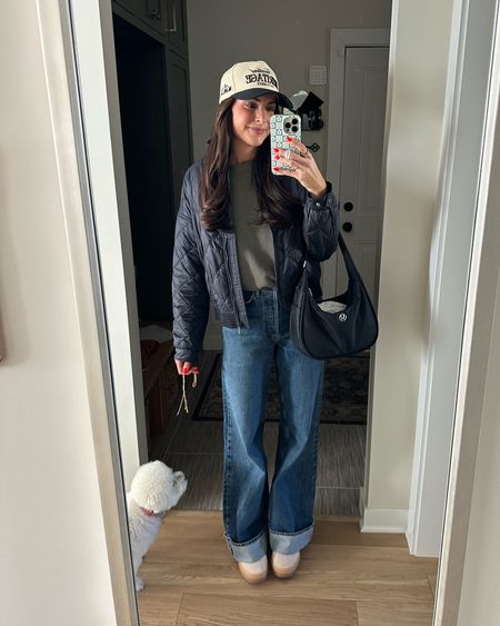 Casual brunch outfit 🥓🥞 
Had to put my necklaces on in the car 🙃

Jacket: true to size (S) 
Cropped sweatshirt: true to size (S)
Cuffed jeans: size down (25) 
Sneakers: size down .5 

Miranda Frye code STYLED
Casual outfit ideas / wide leg jeans / vintage trucker hat / quilted jacket / spring jacket / nuuds  

#LTKshoecrush #LTKfindsunder100 #LTKSeasonal