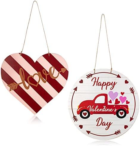 Valentine’s Day Hanging Sign Decoration, Valentines Wall Wooden Door Heart-Shaped Stripes And Happy  | Amazon (US)
