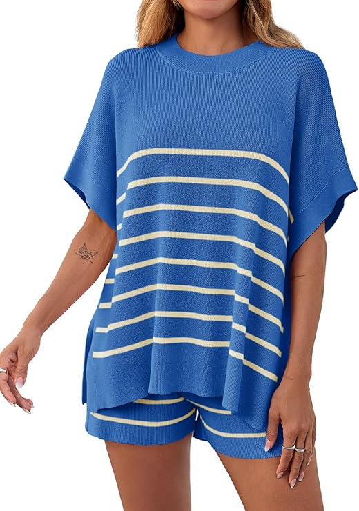 Fisoew Women's Striped 2 Piece Outfits Oversized Batwing Short Sleeve Tops High Waisted Shorts Su... | Amazon (US)