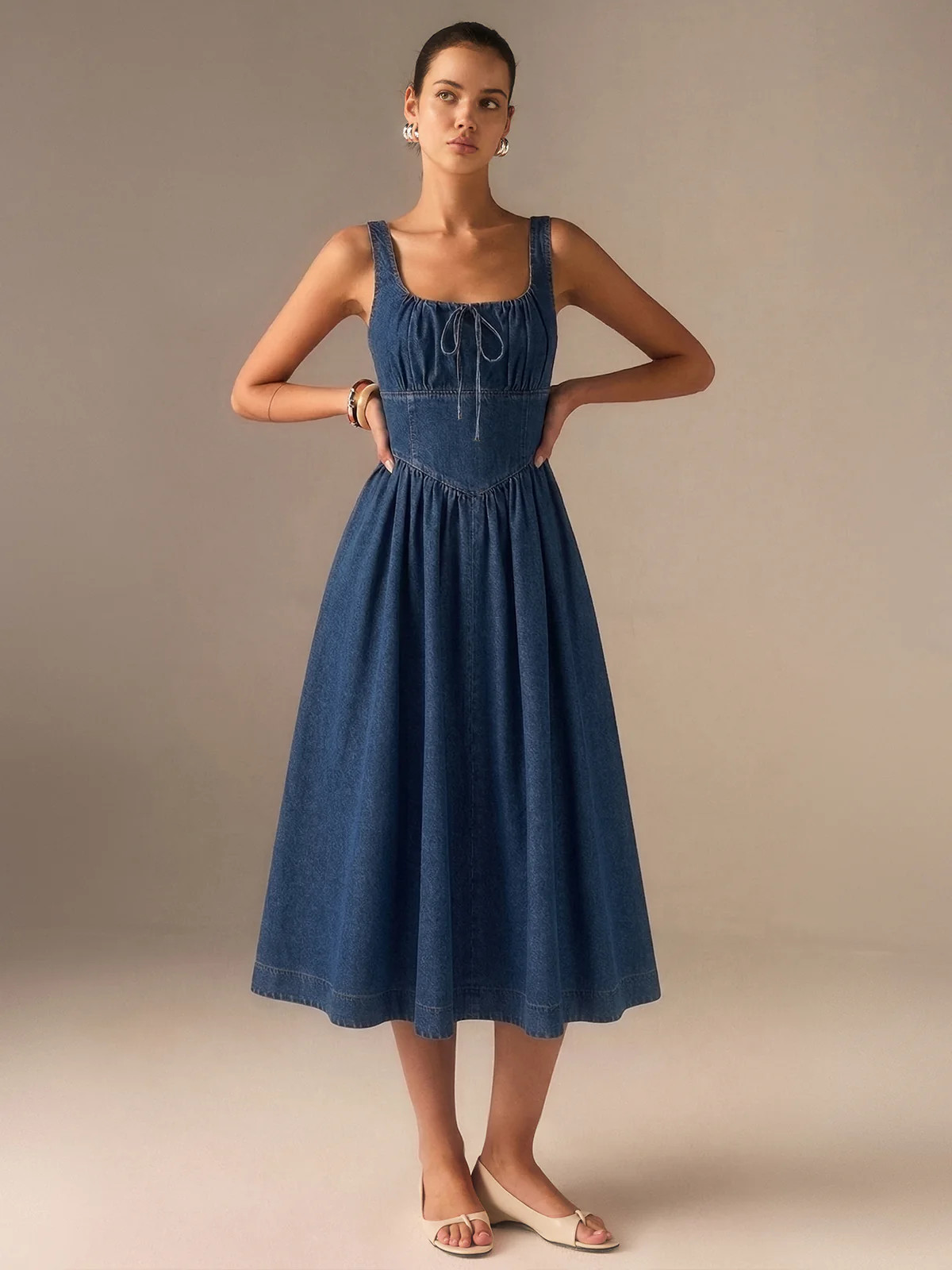 Denim Square Neck Tie Front Midi Dress | Commense