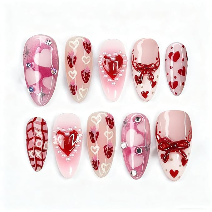 24Pcs Valentines Press on Nails Medium Almond Fake Nails with 3D Bow Pearl Diamond Designs Romant... | Amazon (US)