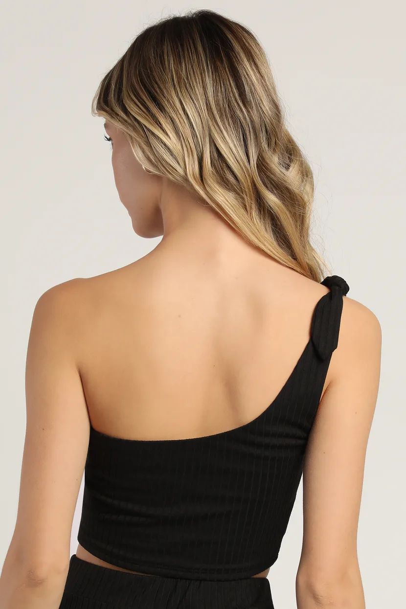 Let's Unwind Black Ribbed Knit One-Shoulder Tie-Strap Crop Top | Lulus (US)