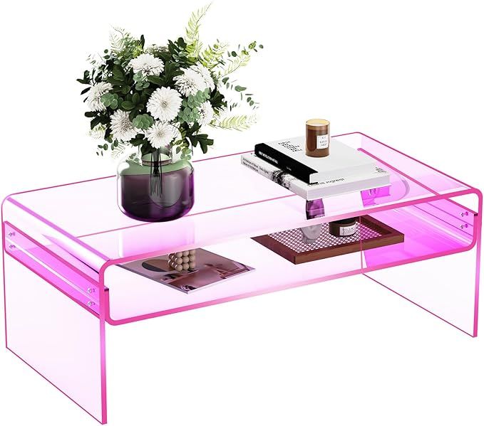 Acrylic Coffee Table for Living Room Clear Rectangle Lucite Table with Open Storage Shelf (1, Pin... | Amazon (US)