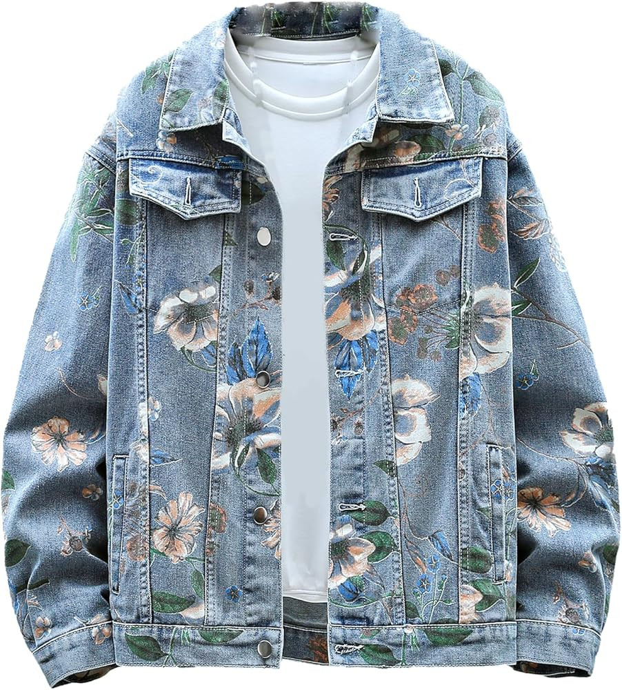 Mens Floral Print Denim Jacket Couple Oversized Jean Coat Unisex Basic Jacket | Amazon (US)