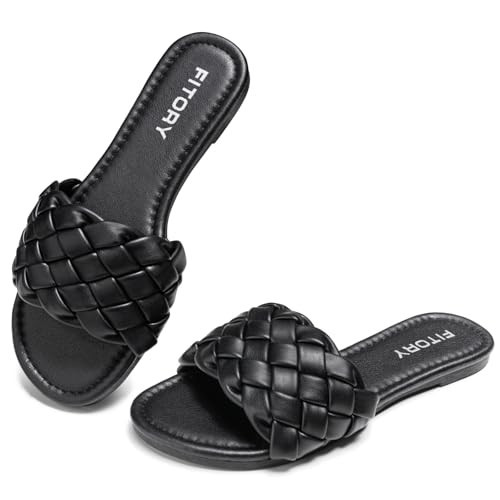 FITORY Womens Flat Sandals Fashion Round Open Toe Slip On Slides with Braided Strap Slippers for Summer Size 7 All Black | Amazon (US)