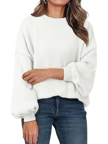 Saodimallsu Womens Oversized Sweaters Casual Lantern Long Sleeve Mock Neck Chunky Knit Loose Fall Pullove Tops White | Amazon (US)