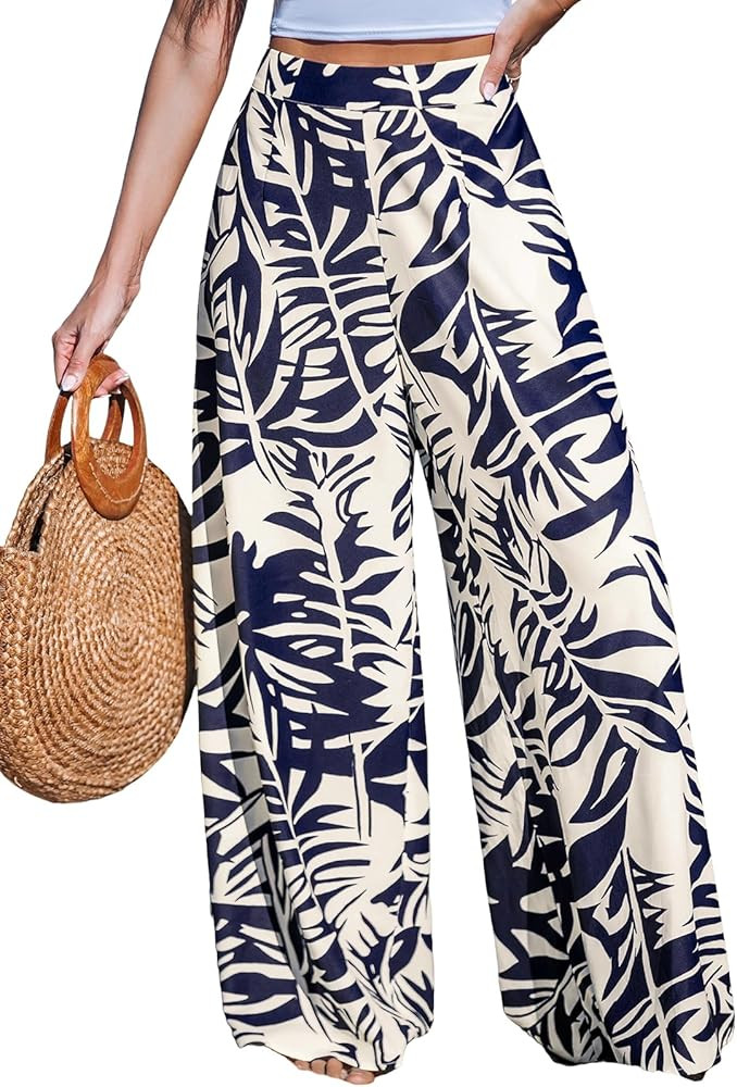 CUPSHE Women Wide Leg Beach Pants Tropical Floral Plus Size Pants with Pockets Vacation Casual Dr... | Amazon (US)
