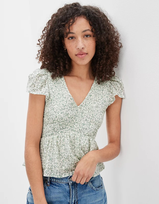 AE V-Neck Smocked Babydoll Blouse | American Eagle Outfitters (US & CA)