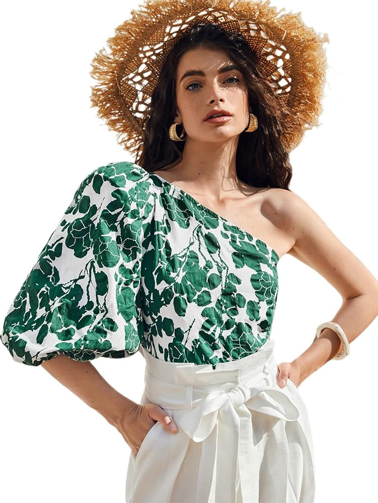 Romwe Women's One Shoulder Puff Sleeve Blouse Ruched Side Boho Crop Tops | Amazon (US)