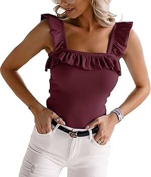 Womens Cute Sleeveless Tank Tops Ruffle Strap Square Neck Blouse Solid Color Knitted Camisole | Amazon (US)