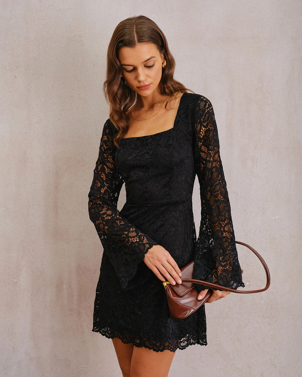 Black Lace Bell Sleeve A-Line Mini Dress & Reviews - Black - Dresses | RIHOAS | rihoas.com