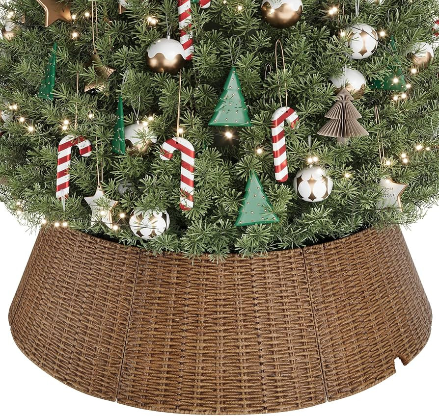 ELYKEN 42 Inch Wicker Christmas Tree Collar, Large Xmas Woven Tree Skirt for 9-12 ft Trees, Styli... | Amazon (US)