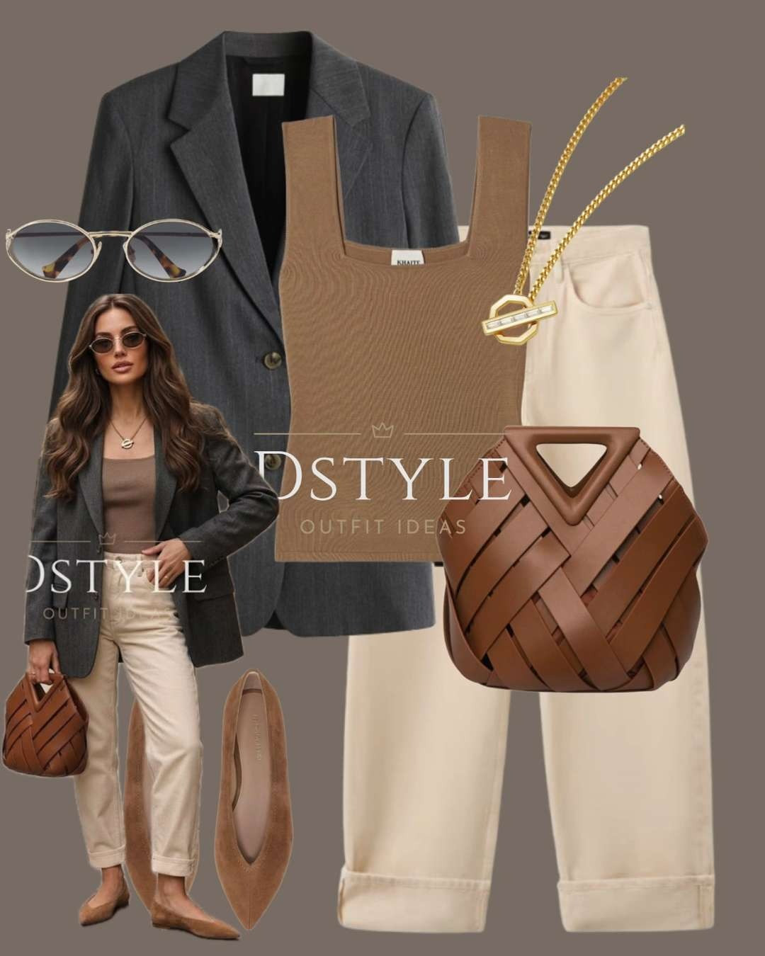 Neutral-toned outfit that blends polished tailoring with casual comfort. A classic charcoal blazer layered over a camel square-neck tank creates the perfect color contrast against cream jeans. Finish the look with a woven leather tote and suede pointed flats for a chic, wearable ensemble. 

 #LTKootd #LTKWorkwear