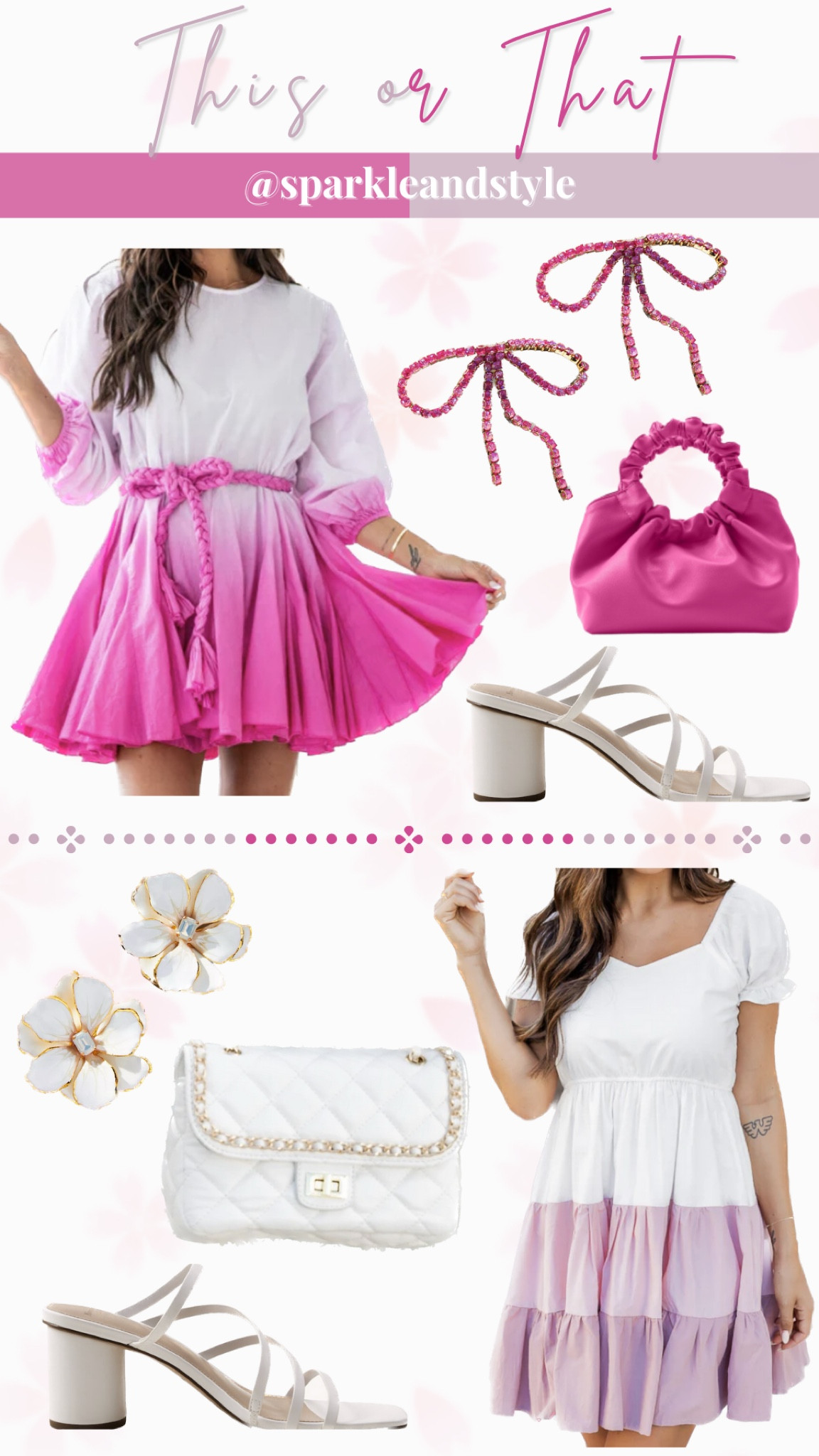 This Or That: Spring Outfits

💗 Fuchsia Pink and White Ombré Dress, Fuchsia Bag, Fuchsia Rhinestone Bow Earrings, White Strappy Heels
💜 Mauve and White Tiered Ombré Dress, White Flower Stud Earrings, White Quilted Purse, White Strappy Heels

#LTKitbag #LTKstyletip #LTKshoecrush
