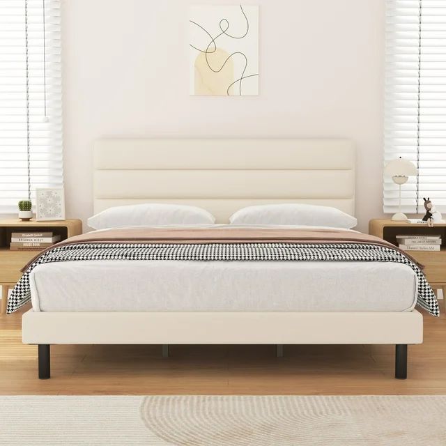 Queen Bed Frame, HAIIDE Queen Size Platform Bed with Wingback Fabric Upholstered Headboard, Beige | Walmart (US)