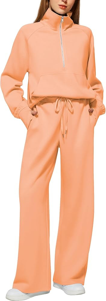 Women's 2 Piece Outfits Lounge Set 2025 Oversized Half Zip Sweatshirt Wide Leg Sweatpant Set Swea... | Amazon (US)