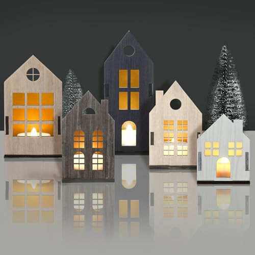 Syhood 8 Pcs Christmas Village Set, 5 LED Lighted Wooden Houses and 3 Frosted Trees Christmas Decorations Indoor Scenes Farmhouse Rustic Decor for Tabletop Mantel Xmas Holiday Decor | Amazon (US)