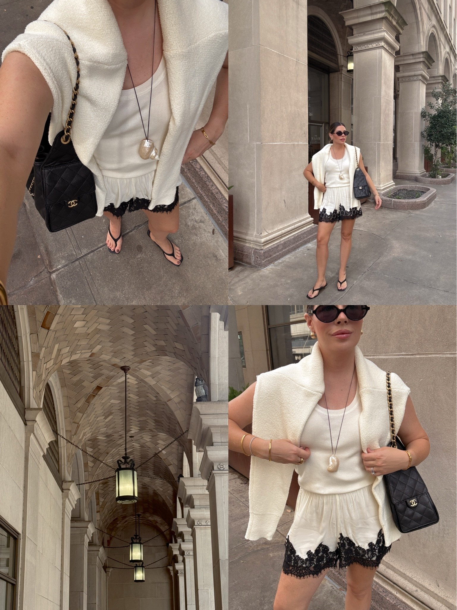 Summer neutral outfit 🤍 Wearing the prettiest cream knit tank with lace trim shorts, a draped sweater, black Chanel flap bag, flip flops, statement pearl necklace, and cat eye sunglasses. The perfect elevated casual summer outfit for vacation, brunch, date night, Europe travel, or everyday chic style. Everything is linked in my LTK! #LTKStyle #NeutralStyle #SummerOutfit