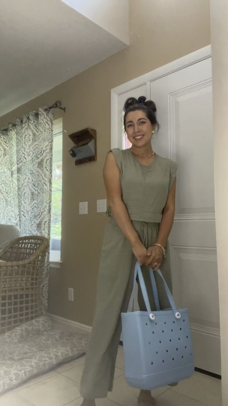 Heading to my kids swim lessons. Cute matching set dressy enough for work, which I love wearing work from home lounge sets that are comfy and still look put together for the day paired with my bogg bag look-alike  cute green color linen set.

#LTKItBag #LTKVideo #LTKFindsUnder50