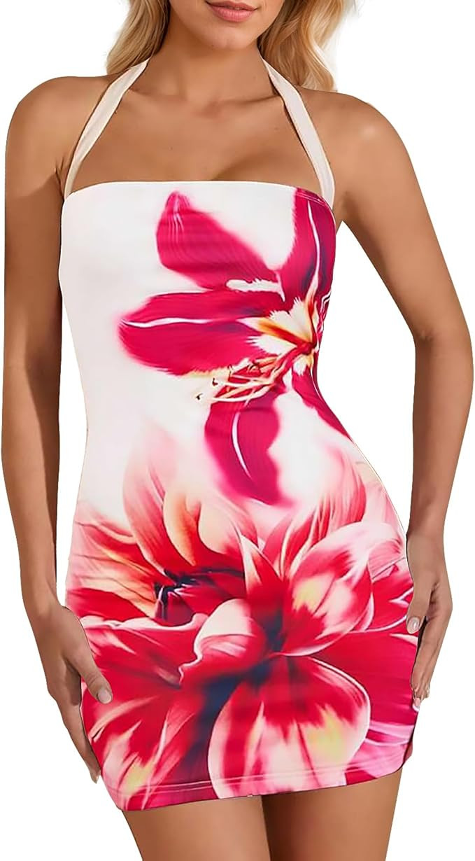 Women's Halter Mini Dress Summer Sexy Floral Print Backless Bodycon Short Dress Tie Back Party Ca... | Amazon (US)