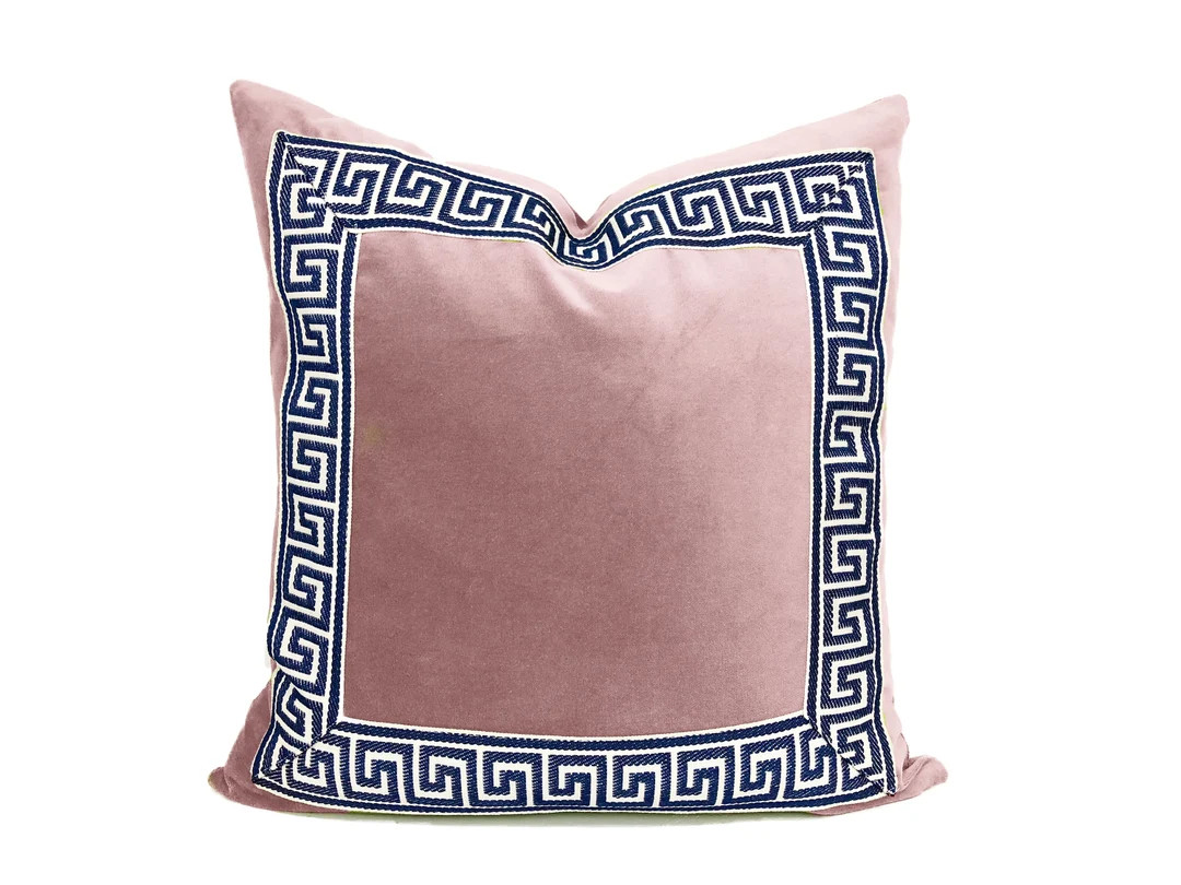 Light Pink Velvet Pillow Cover With Marine Blue Greek Key Trim - Etsy | Etsy (US)
