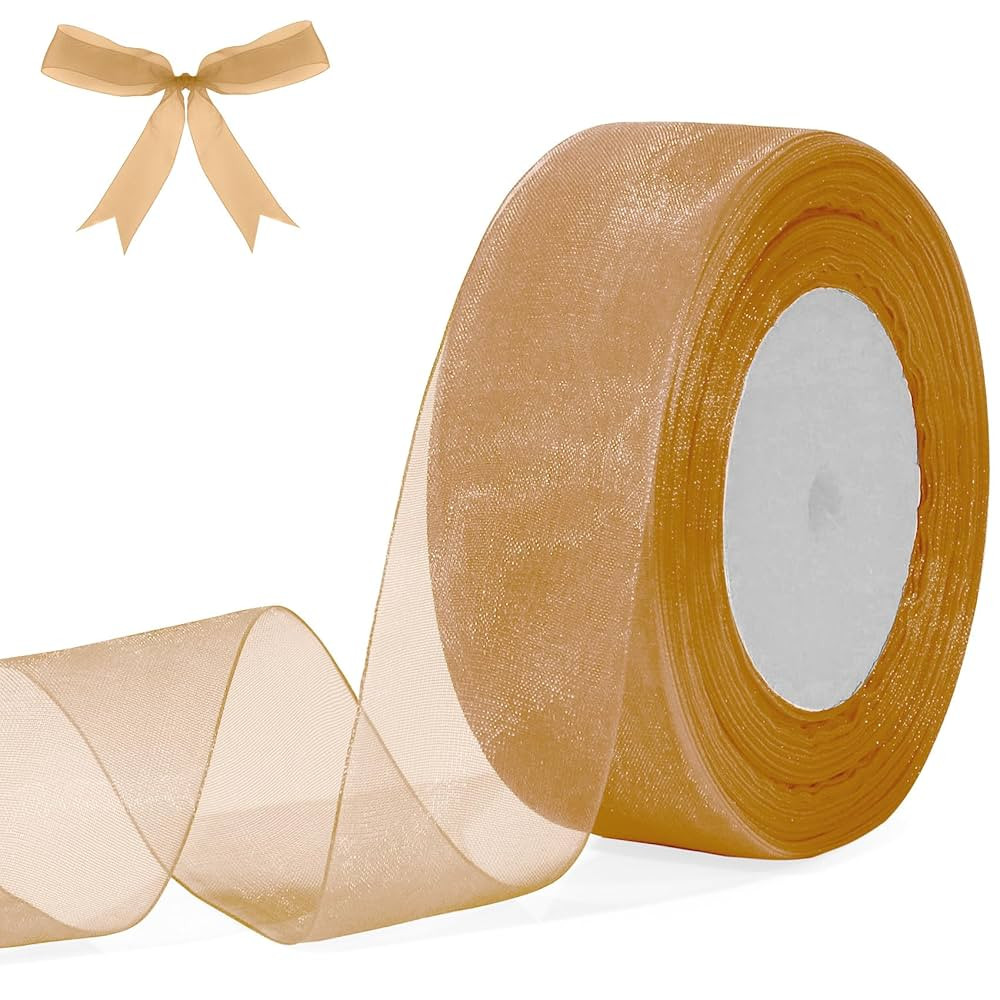 Brown Fall Organza Ribbon 1 1/2 Inch - Tan Chiffon Shimmer Sheer 50 Yards Khaki Tulle for Gift Wr... | Amazon (US)