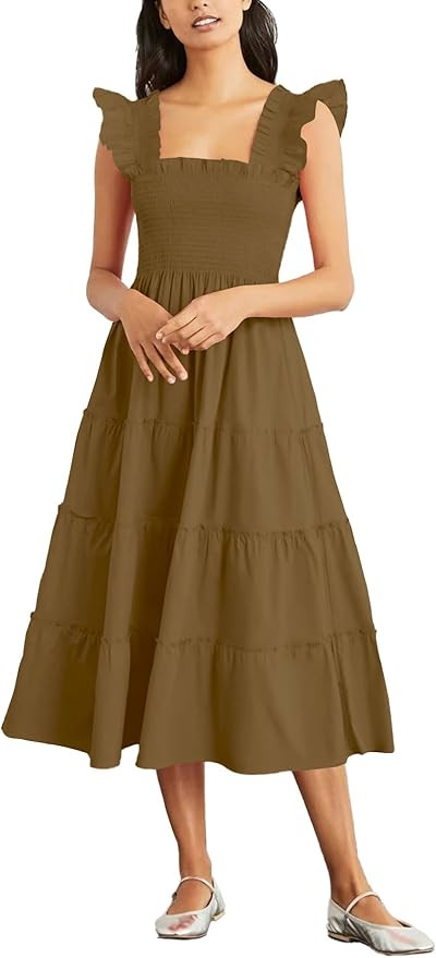Rooscier Women's Square Neck Smocked Ruffle Sleeveless Sundress Tiered A Line Midi Dress | Amazon (US)