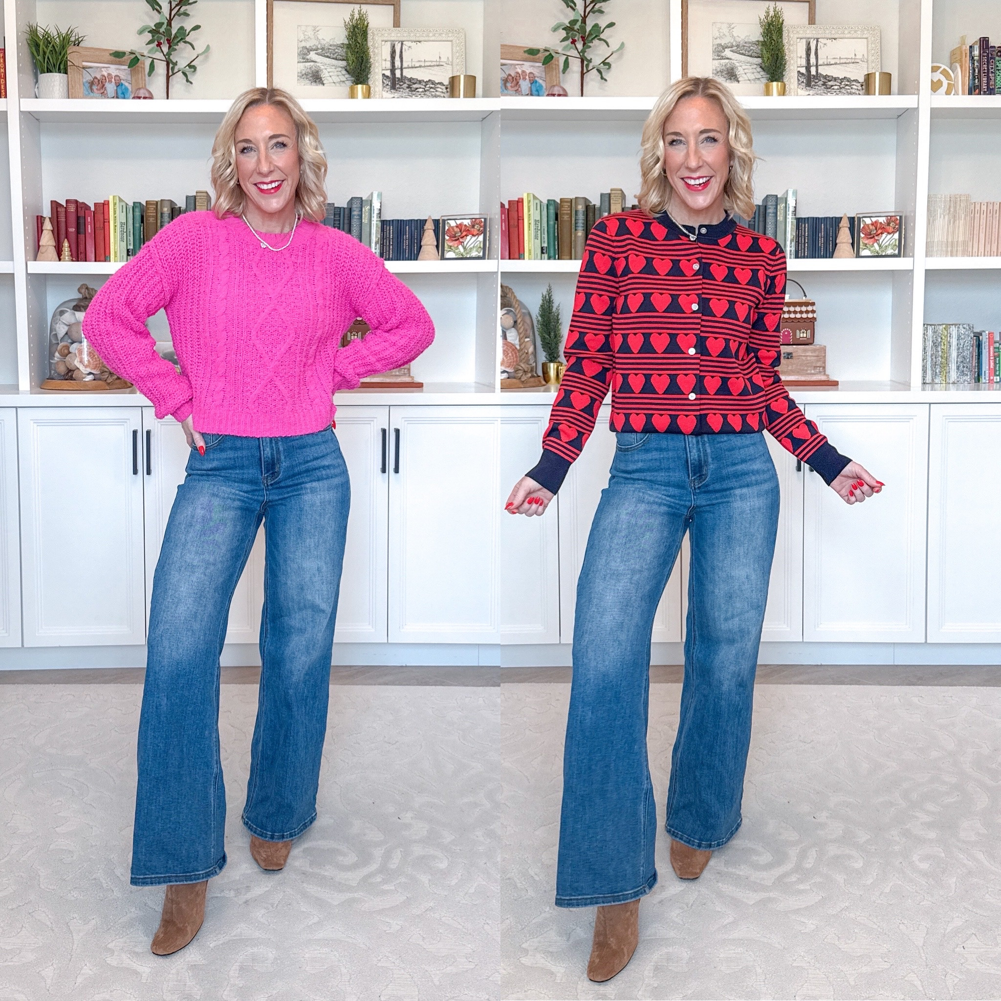 Walmart - 5 new sweaters - * Cable Knit Sweater - size XS. $16.98. 4 colors. * Wide Leg Jeans - size 25. 1. Heart Print Cardigan - size XS. $24. 2 colors. 

#LTKSeasonal#LTKFindsUnder50#LTKOver40 

 