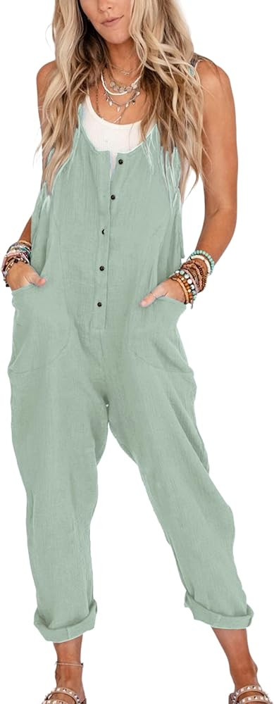 Yeokou Womens Overalls Linen Cotton Jumpsuits Loose Casual Jumpers with Pockets | Amazon (US)