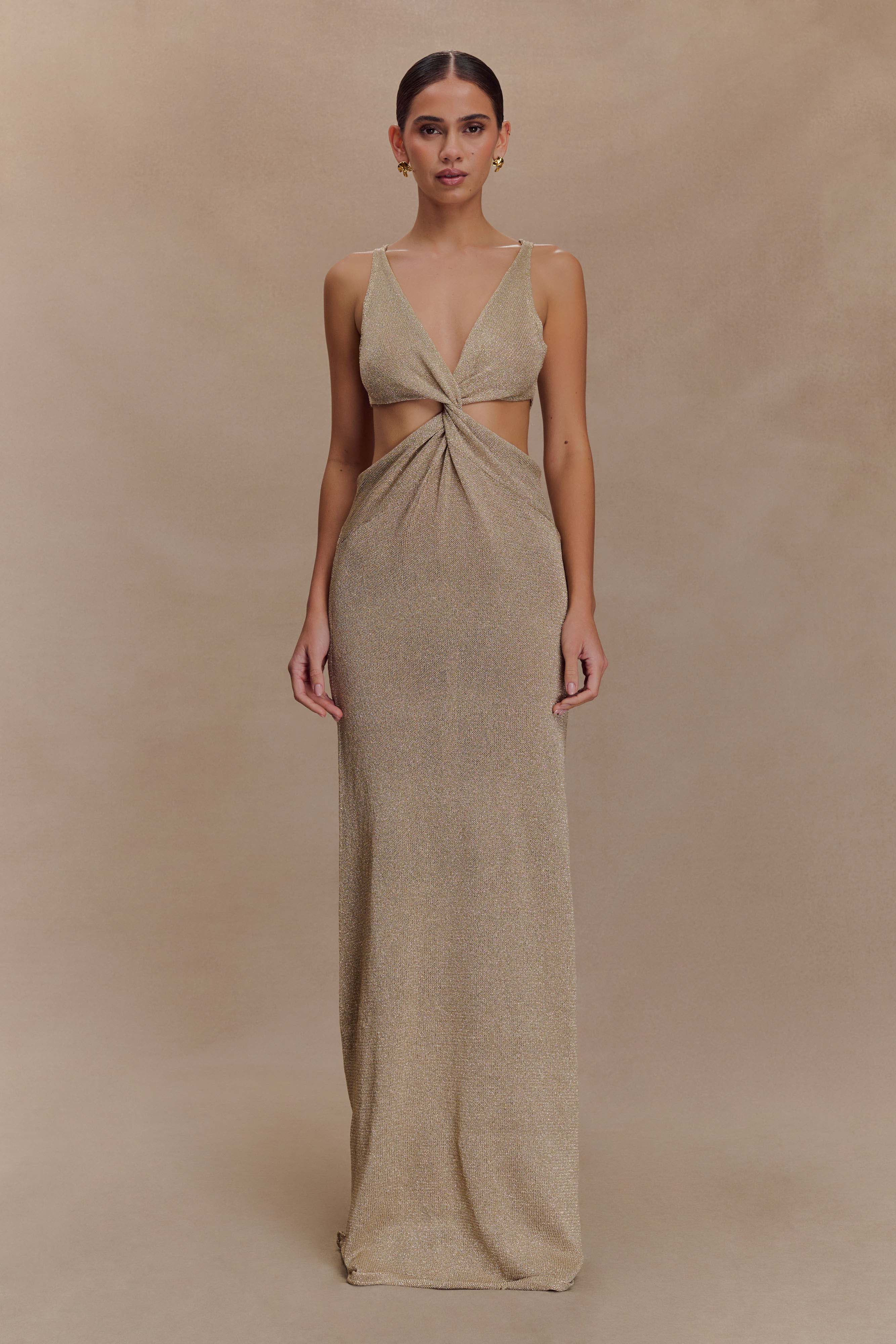 Gracelyn Twisted Metallic Knit Maxi Dress - Gold | MESHKI US