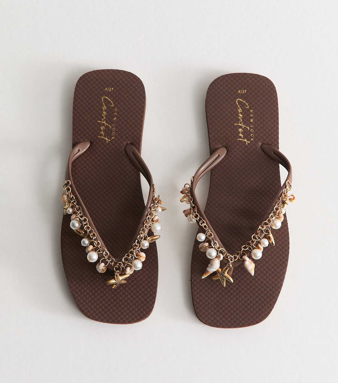 Dark Brown Fishing Charm Flip Flops | New Look | New Look (UK)