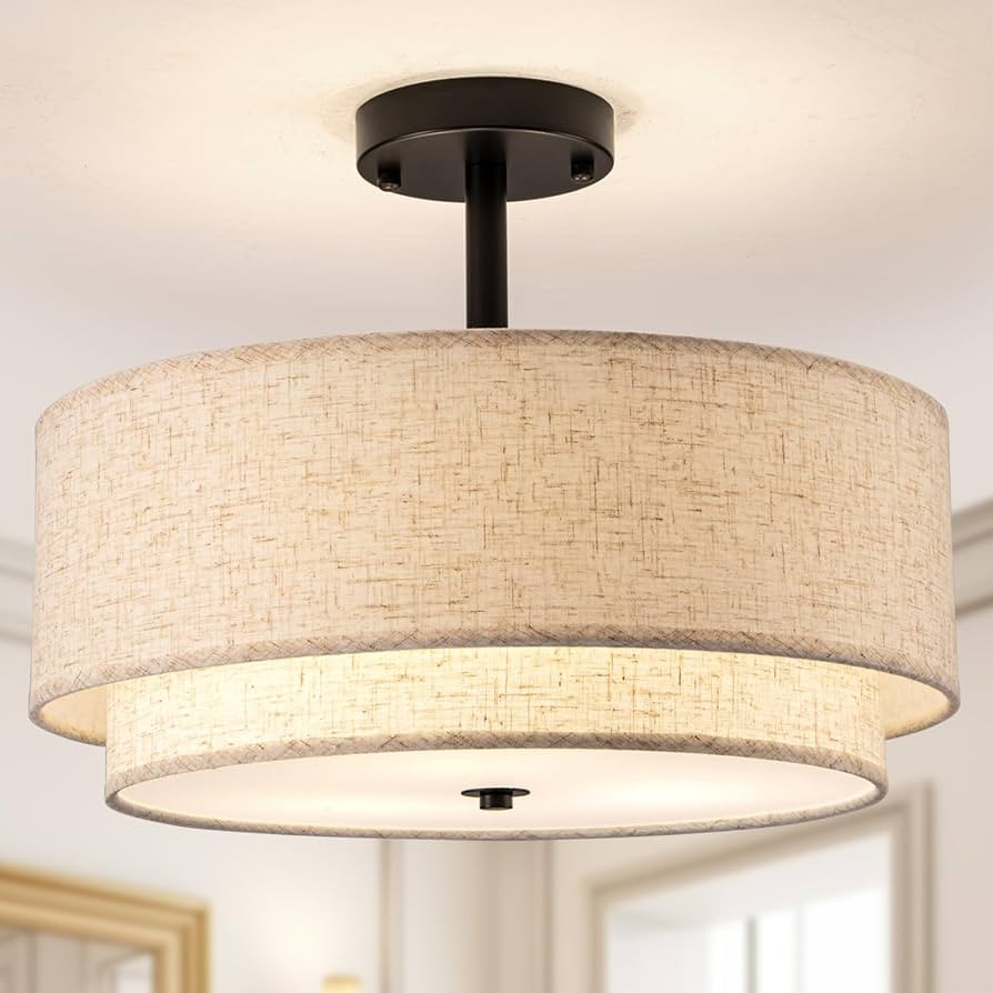 Drum Semi Flush Mount Ceiling Light, 16 inch 3 Lights Ceiling Light Fixture with 2-Layer Fabric S... | Amazon (US)