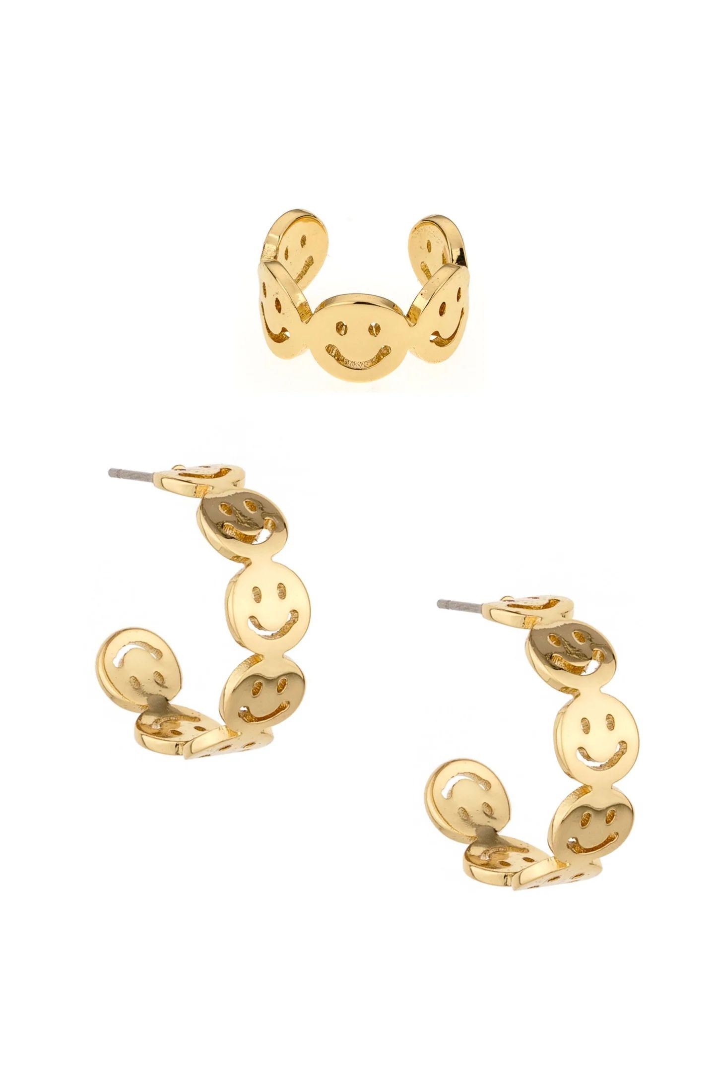 Smiley Ear Cuff and Hoop 18k Gold Plated Earring Set | Ettika