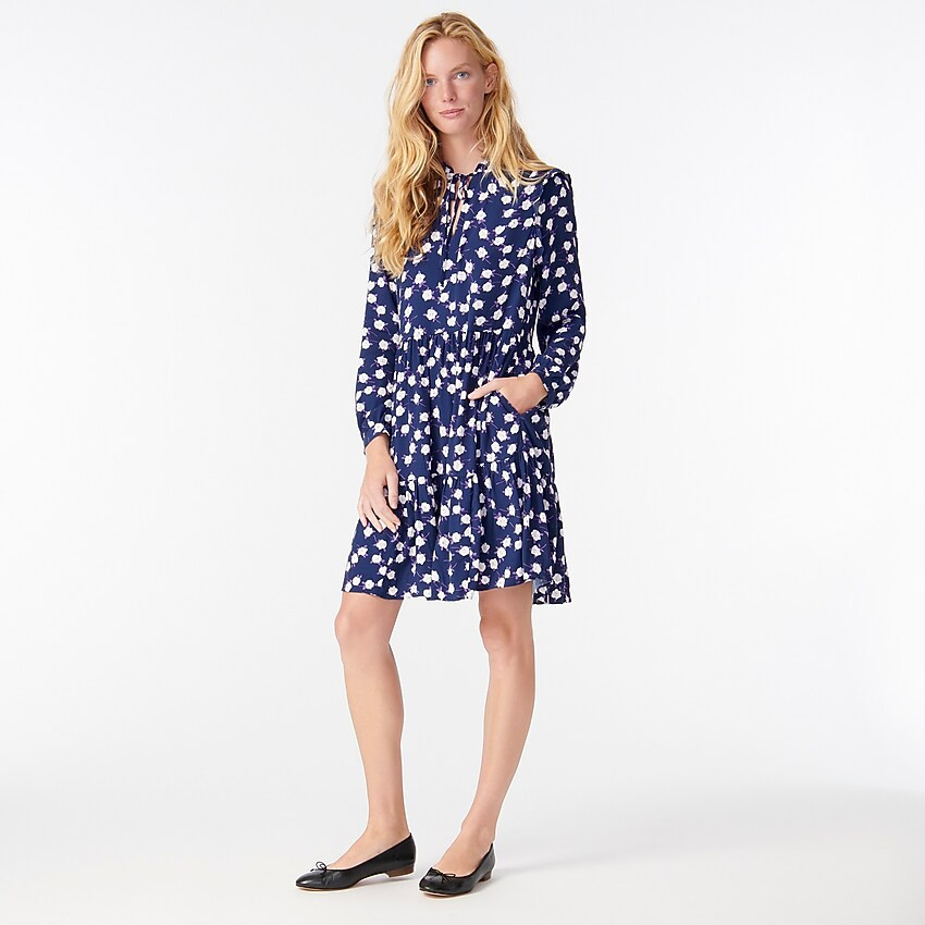 Tie-neck tiered dress in scattered peony print | J. Crew US