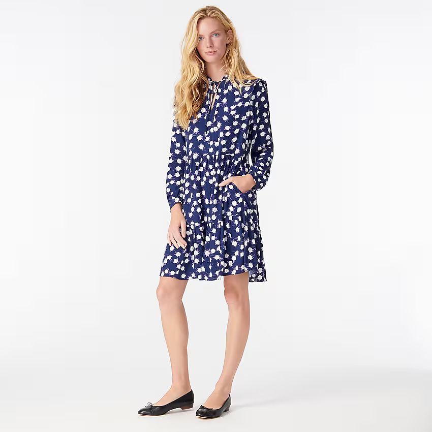 Tie-neck tiered dress in scattered peony print | J.Crew US