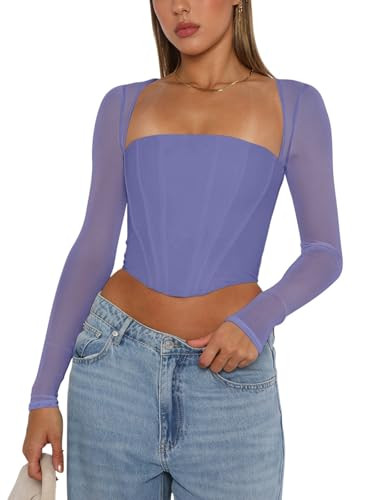 REORIA Women's Sexy Mesh Long Sleeve Boned Corset Top Trendy Y2K Square Neck Going Out Bustier Cr... | Amazon (US)