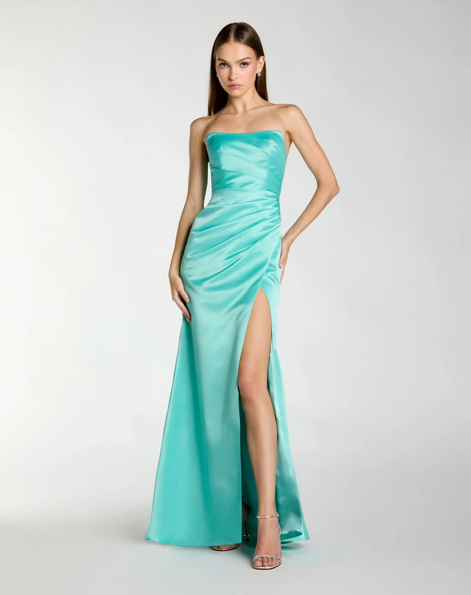 Blue Strapless Gathered High Slit Gown | Mac Duggal | Mac Duggal